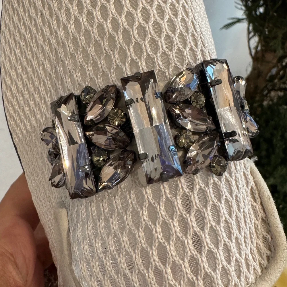 Embellished Cream Mesh Slip-On Loafers